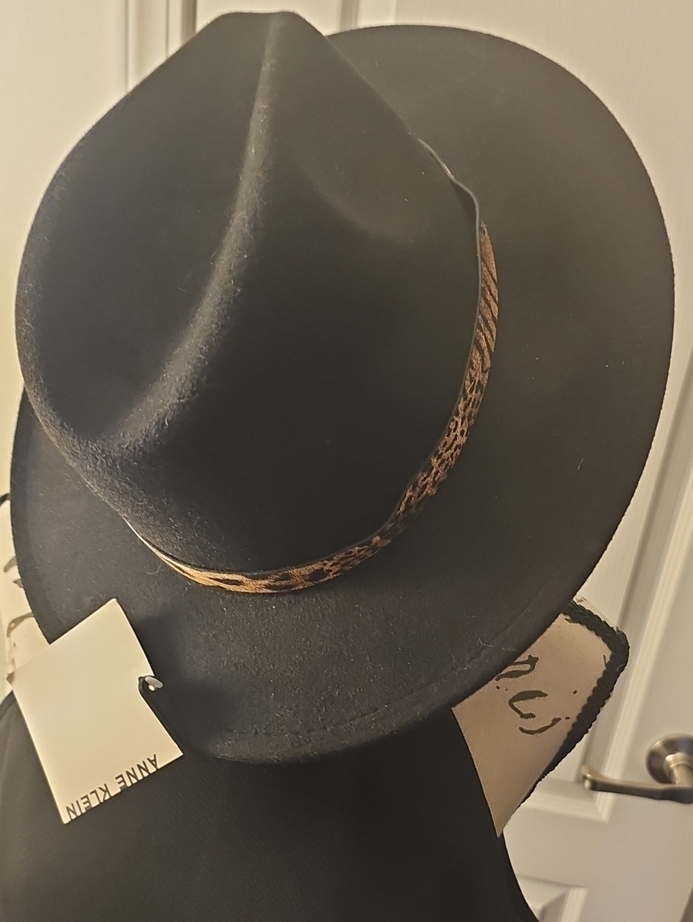 Anne Klein Black Fedora with Leopard-Print Band